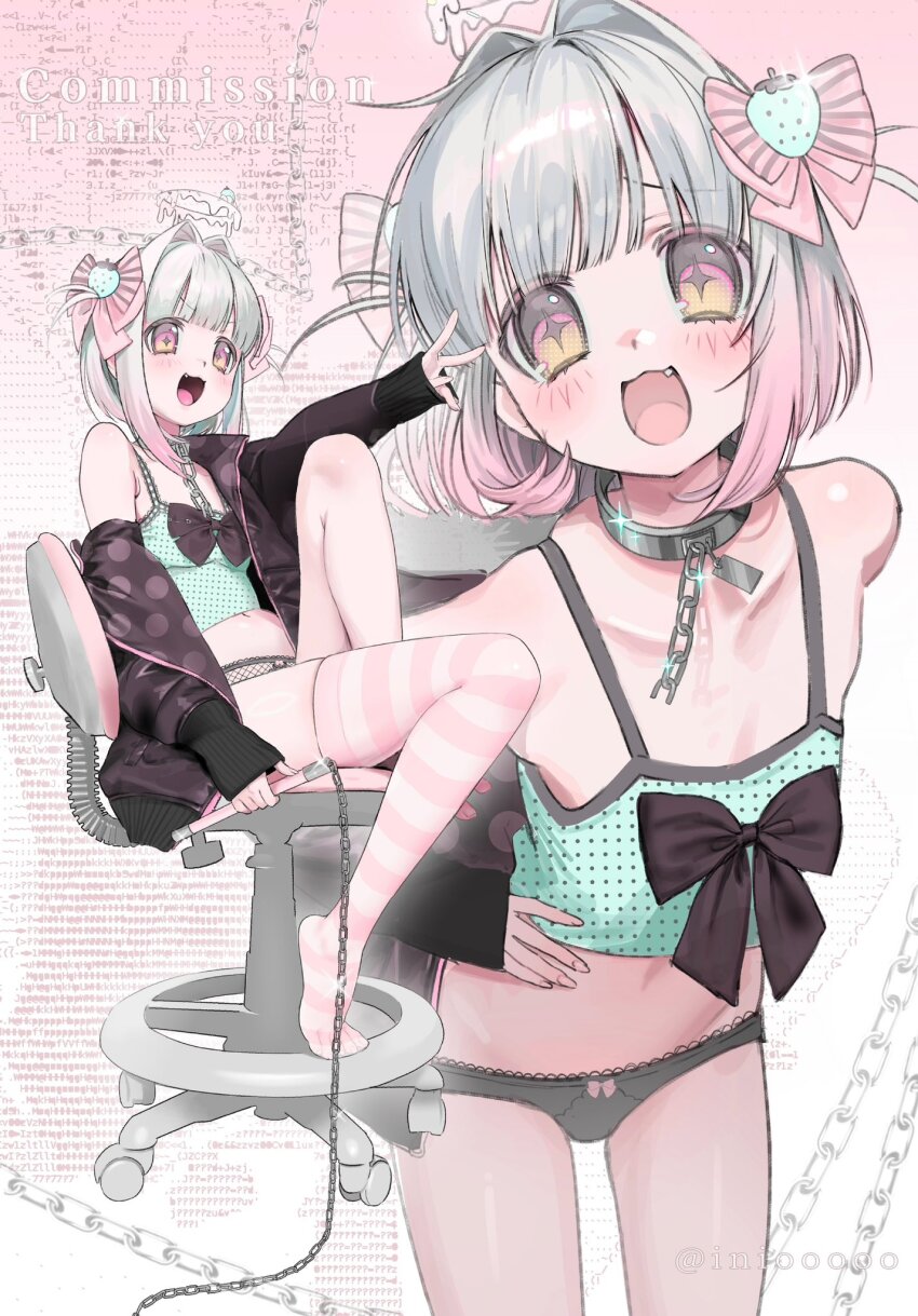 1girl aqua_tank_top black_bow black_jacket black_panties bow chain chain_leash chain_whip chair commission crop_top fang flat_chest gradient_background gradient_hair hair_bow hair_intakes halo highres holding holding_whip iniooooo jacket lace lace_panties leash melting_halo multicolored_eyes multicolored_hair multiple_views no_shoes off_shoulder on_chair open_mouth original panties pink_background pink_bow pink_eyes pink_hair pink_thighhighs pinstripe_bow polka_dot polka_dot_shirt shirt short_hair sitting skeb_commission smile striped_clothes striped_thighhighs swivel_chair tank_top thighhighs two-tone_background two-tone_eyes two-tone_hair underwear white_background white_hair white_halo yellow_eyes