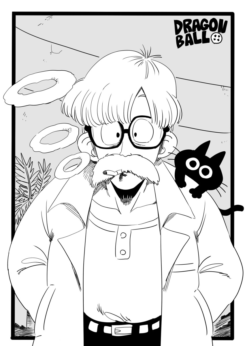 1boy belt cat cigarette collarbone dr._brief_(dragon_ball) dragon_ball dragon_ball_(classic) glasses greyscale hands_in_pockets highres lab_coat looking_at_viewer male_focus monochrome smoking tama_(dragon_ball) toriyama_akira_(style) tukiwani