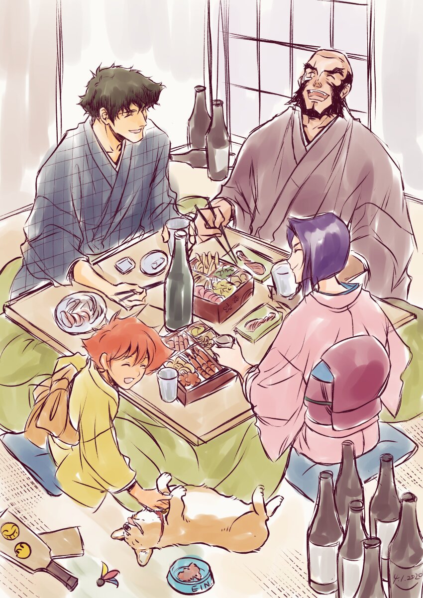 absurdres alcohol cowboy_bebop eating edward_wong_hau_pepelu_tivrusky_iv ein_(cowboy_bebop) faye_valentine food highres japanese_clothes jet_black kimono kotatsu sitting spike_spiegel table tobalin yukata