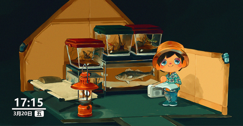 1boy amehatobook animal_crossing bed black_hair book bug butterfly closed_mouth commentary_request dated denim dragonfly fish full_body grasshopper hat highres holding holding_book insect jeans lantern nintendo pants plaid_clothes plaid_shirt radio reading shirt shoes smile tent_interior villager_(animal_crossing)