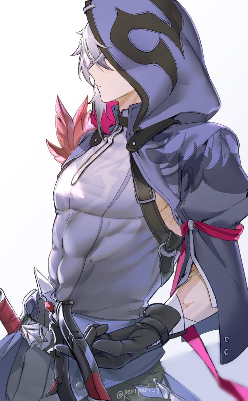 1boy absurdres artist_name bandaged_arm bandages black_gloves closed_mouth commentary_request compression_shirt covered_abs cropped_jacket crossed_bangs expressionless feathers gloves grey_hair highres holding holding_weapon honkai:_star_rail honkai_(series) hood hood_up hooded_jacket jacket male_focus moze_(honkai:_star_rail) pectorals peridot_(periperi_8) profile purple_jacket purple_shirt red_ribbon ribbon scar scar_on_arm shirt short_hair simple_background sleeveless sleeveless_shirt solo twitter_username weapon white_background