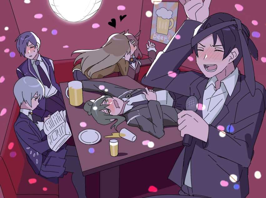 3boys 3girls :d alcohol angela_(project_moon) arm_up beer beer_mug black_hair blue_hair blue_jacket blue_skirt blush book brown_hair closed_eyes cup disco_ball drooling formal_clothes green_hair hair_over_one_eye heart highres hod_(project_moon) holding holding_book holding_microphone indoors jacket karaoke kiss lapels library_of_ruina long_hair lying malkuth_(project_moon) microphone miniskirt mouth_drool mu46016419 mug multiple_boys multiple_girls necktie_around_head netzach_(project_moon) on_back on_table open_mouth pleated_skirt poster_(object) project_moon purple_hair reading roland_(project_moon) short_hair skirt skirt_suit smile suit suit_jacket table undone_collar very_long_hair yesod_(project_moon) yuri