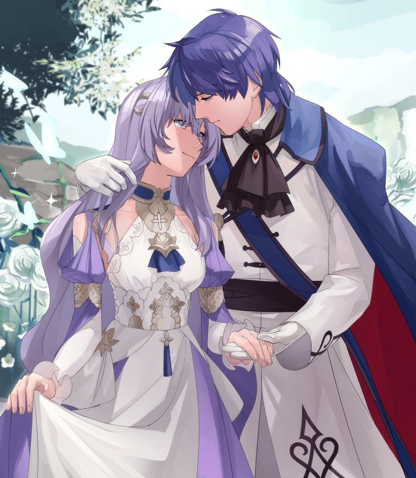 1boy 1girl asagi_(banzoku210) ballgown ballroom_dress ballroom_gown blue_hair cape couple deirdre_(fire_emblem) deirdre_(masquerade)_(fire_emblem) dress fire_emblem fire_emblem:_genealogy_of_the_holy_war hand_in_another&#039;s_hair hetero highres holding holding_hands holding_unworn_clothes holding_unworn_dress husband_and_wife looking_at_another looking_down looking_up nintendo purple_hair sigurd_(fire_emblem) sigurd_(masquerade)_(fire_emblem) skirt_hold smile