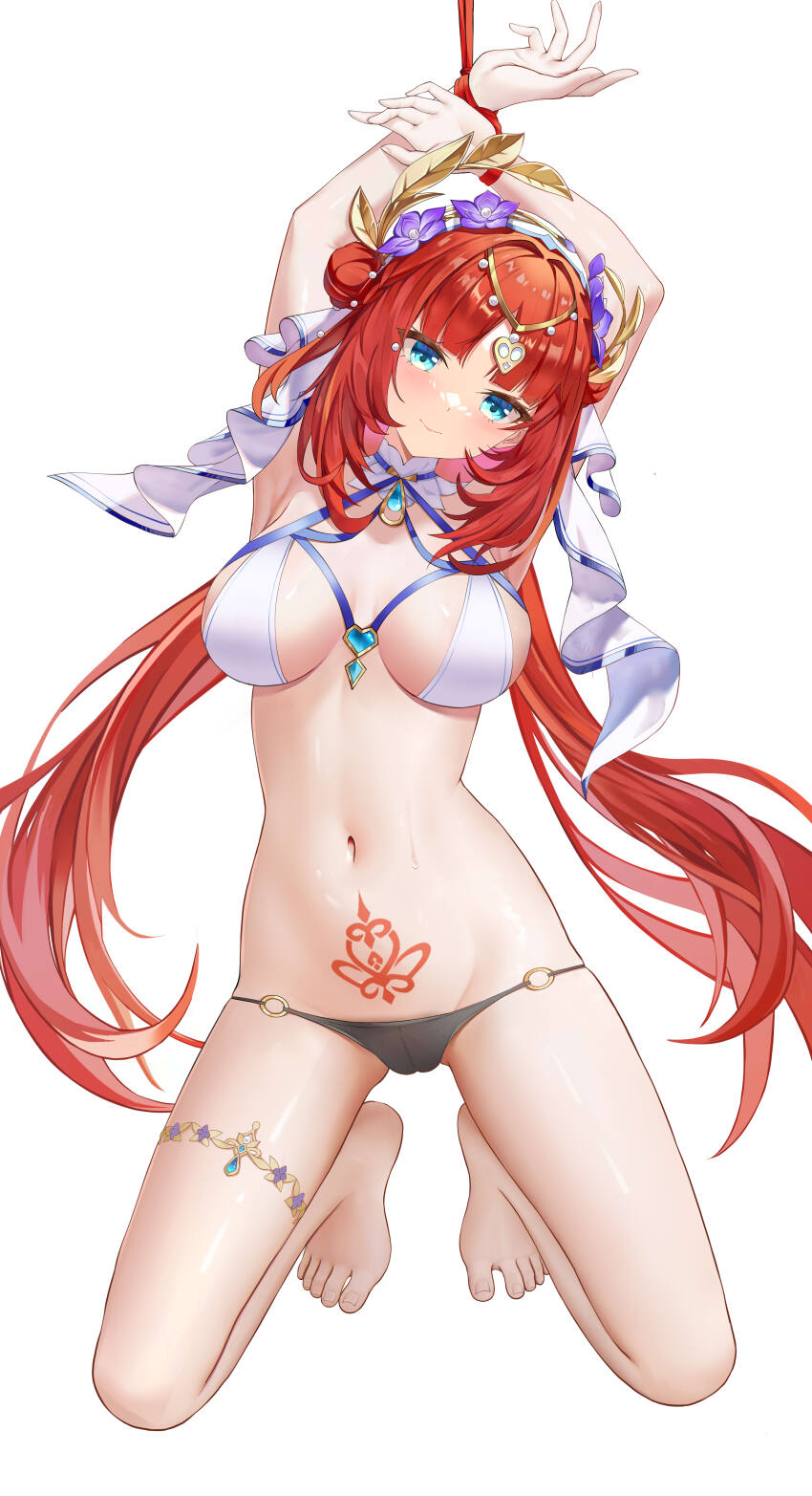 1girl absurdres armpits arms_up barefoot blhazx blue_eyes bound bound_wrists breasts double_bun genshin_impact hair_bun highres kneeling large_breasts large_variant_set long_hair looking_at_viewer navel nilou_(breeze_of_sabaa)_(genshin_impact) nilou_(genshin_impact) pubic_tattoo red_hair rope simple_background smile solo stomach tattoo thighs variant_set very_long_hair white_background