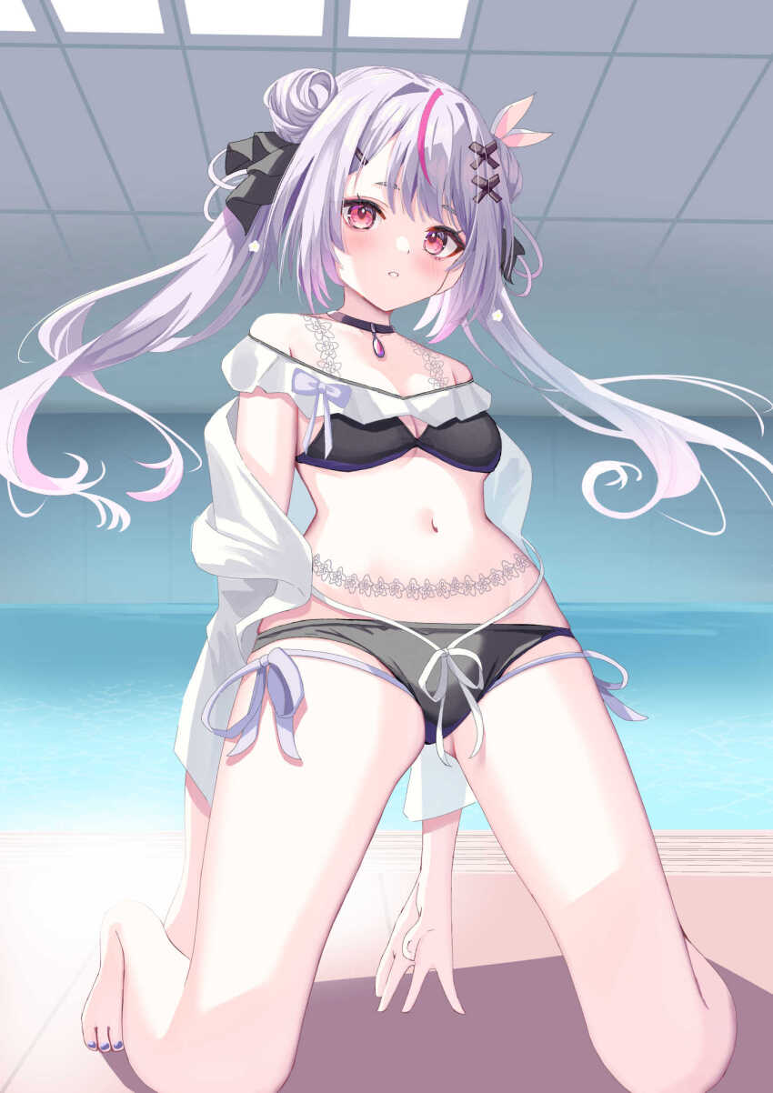 1girl beach bikini black_bikini black_bow black_choker bow choker double_bun gradient_hair grey_hair grey_jacket hair_bow hair_bun hair_ornament highres indoors jacket kneeling layered_bikini leaning_back long_hair looking_at_viewer lowleg lowleg_bikini multicolored_hair navel ocean off-shoulder_bikini off_shoulder oniku_(o29sukizero) parted_lips pink_eyes pink_hair rabbit_hair_ornament ribbon side-tie_bikini_bottom solo stomach string_bikini swimsuit tosaki_mimi tosaki_mimi_(vspo!_summer_2024) very_long_hair virtual_youtuber vspo! waist_ribbon white_bikini white_hair white_ribbon x_hair_ornament