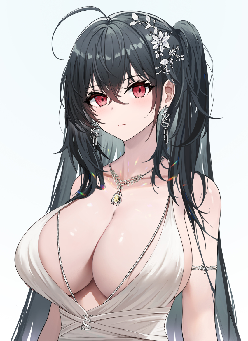 1girl absurdres aer7o ahoge arm_strap azur_lane bare_shoulders black_hair breasts cleavage closed_mouth collarbone dress earrings hair_between_eyes hair_strand highres jewelry large_breasts long_hair looking_at_viewer messy_hair necklace official_alternate_costume red_eyes side_ponytail sideboob sleeveless solo taihou_(azur_lane) taihou_(temptation_on_the_sea_breeze)_(azur_lane) upper_body white_background white_dress