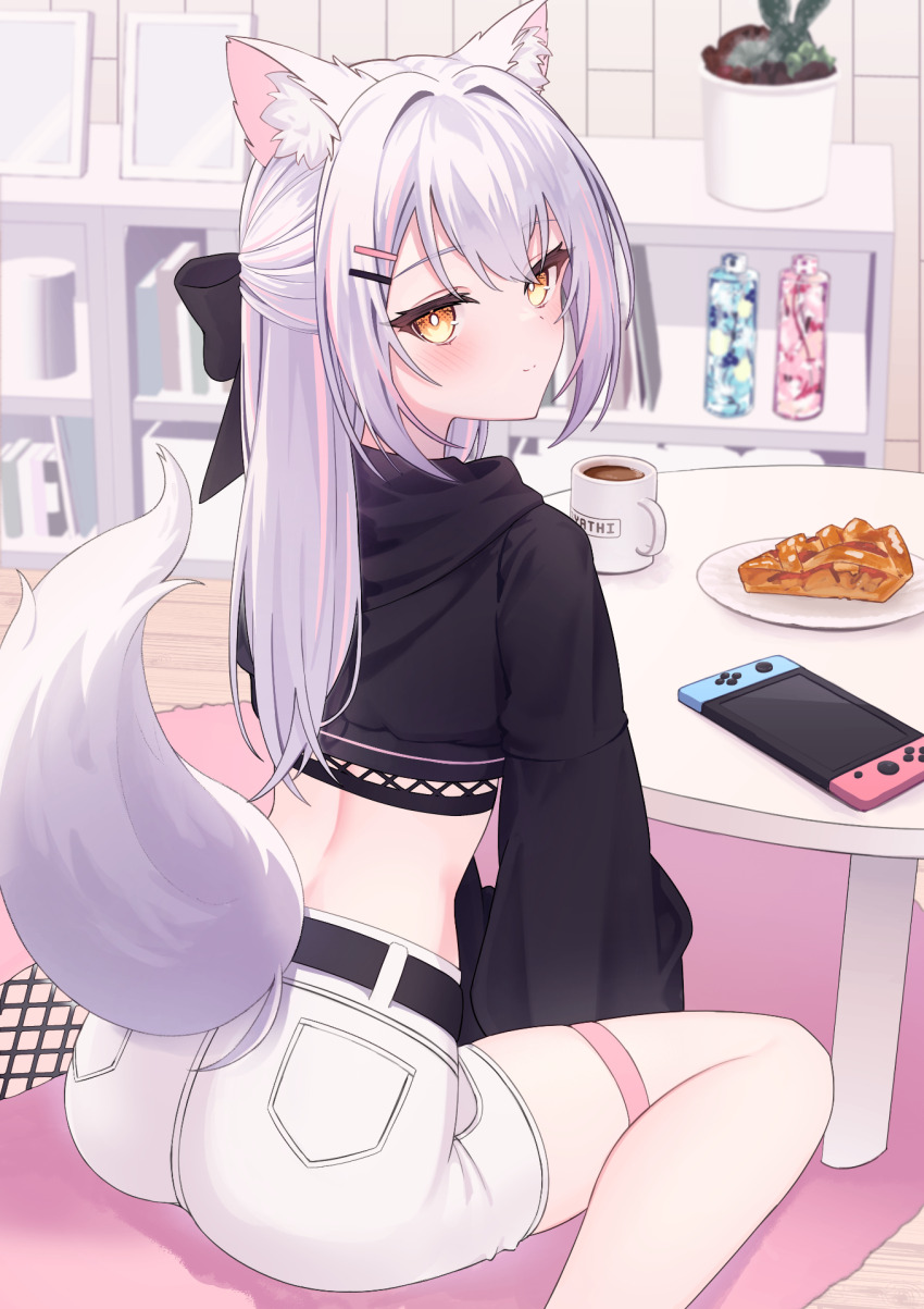 1girl animal_ears ass back belt black_hoodie bow closed_mouth crop_top cropped_hoodie fishnets fox_ears fox_girl fox_tail from_behind hair_bow hair_ornament hairclip half_updo highres hood hood_down hoodie indie_virtual_youtuber legs long_hair long_sleeves looking_at_viewer looking_back lows. median_furrow midriff multicolored_hair nintendo_switch second-party_source shachikuzu_kareha short_shorts shorts sitting solo streaked_hair tail thigh_strap virtual_youtuber wariza white_hair white_shorts