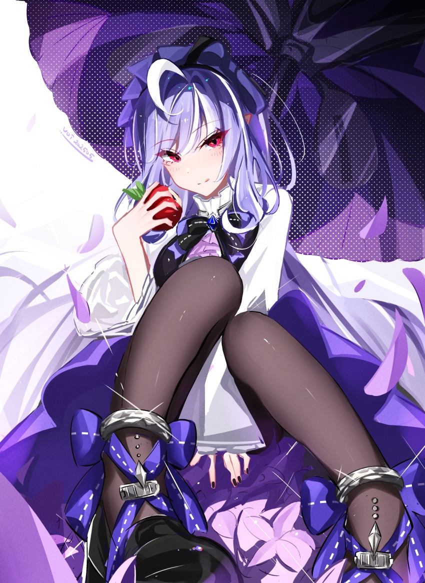 1girl absurdres ahoge apple ascot black_nails black_pantyhose black_shoes breasts closed_mouth commentary dress english_commentary food fruit highres holding holding_food holding_fruit knees_together_feet_apart large_breasts long_hair long_sleeves looking_at_viewer multicolored_hair nail_polish pantyhose parasol pointy_ears purple_ascot purple_hair purple_petals purple_umbrella red_eyes shoes sitting smile solo streaked_hair umbrella vivian_banshee voi_271 white_dress zenless_zone_zero