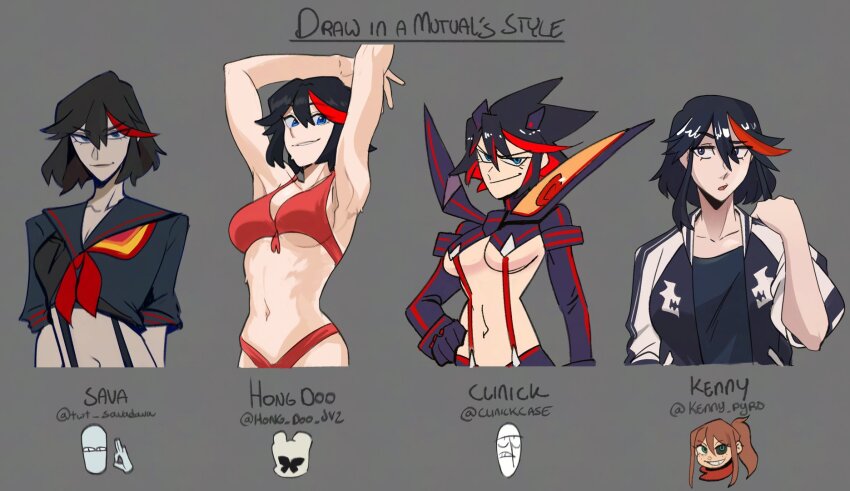 1girl arm_up armpits bikini black_gloves black_hair black_sailor_collar black_shirt blue_eyes breasts brown_background crop_top cropped_legs english_text gloves hair_between_eyes hair_ornament highres jacket kamuify kill_la_kill large_breasts long_sleeves matoi_ryuuko multicolored_hair multiple_views navel neckerchief official_alternate_costume open_clothes open_jacket ponytail red_bikini red_hair red_neckerchief sailor_collar shirt short_hair simple_background smile stomach sweat swimsuit teeth two-tone_hair