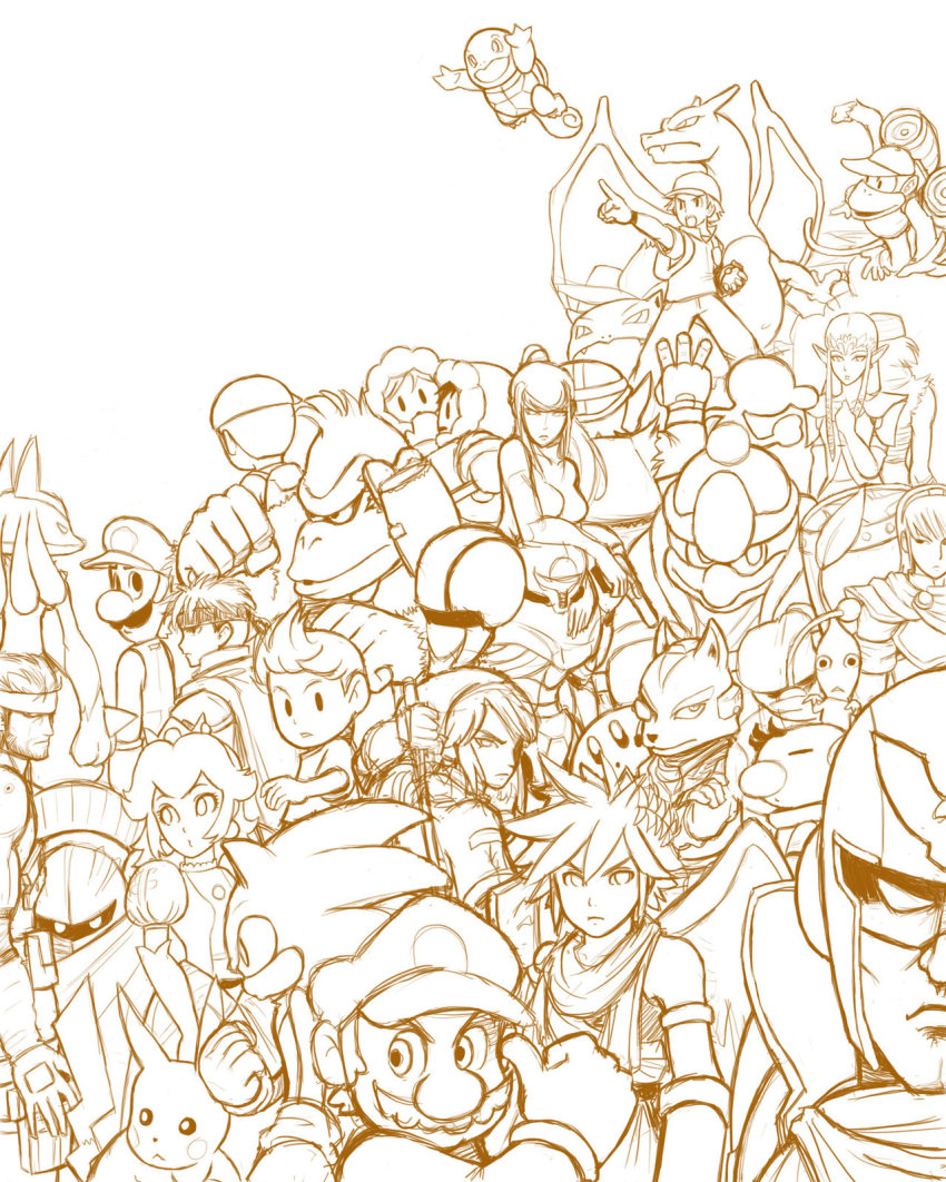00s 4girls 6+boys bonus-kun_(artist) brown_theme captain_falcon charizard child diddy_kong donkey_kong donkey_kong_(series) dual_persona everyone f-zero fire_emblem fire_emblem:_mystery_of_the_emblem fire_emblem:_path_of_radiance fox_mccloud game_&amp;_watch ganondorf gen_1_pokemon gen_4_pokemon highres holding holding_poke_ball ice_climber ice_climbers ike_(fire_emblem) image_sample ivysaur kid_icarus king_dedede kirby kirby_(series) link lucario lucas_(mother_3) luigi mario mario_(series) marth_(fire_emblem) meta_knight metal_gear_(series) metal_gear_solid metroid monkey monochrome mother_(series) mother_2 mother_3 mr._game_&amp;_watch multiple_boys multiple_girls nana_(ice_climber) ness_(mother_2) nintendo olimar pikachu pikmin_(creature) pikmin_(series) pit_(kid_icarus) poke_ball pokemon pokemon_(creature) pokemon_frlg popo_(ice_climber) princess_peach princess_zelda red_(pokemon) red_(pokemon_frlg) samus_aran sheik sketch solid_snake sonic_(series) sonic_the_hedgehog squirtle star_fox super_smash_bros. the_legend_of_zelda varia_suit wario warioware zero_suit
