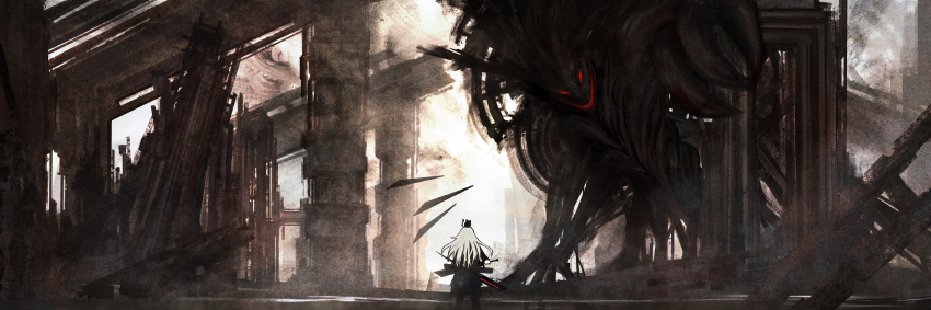 1girl absurdres animal animal_on_head from_behind highres long_hair monster on_head original pillar riz_kira ruins scenery solo standing structure sword very_wide_shot weapon