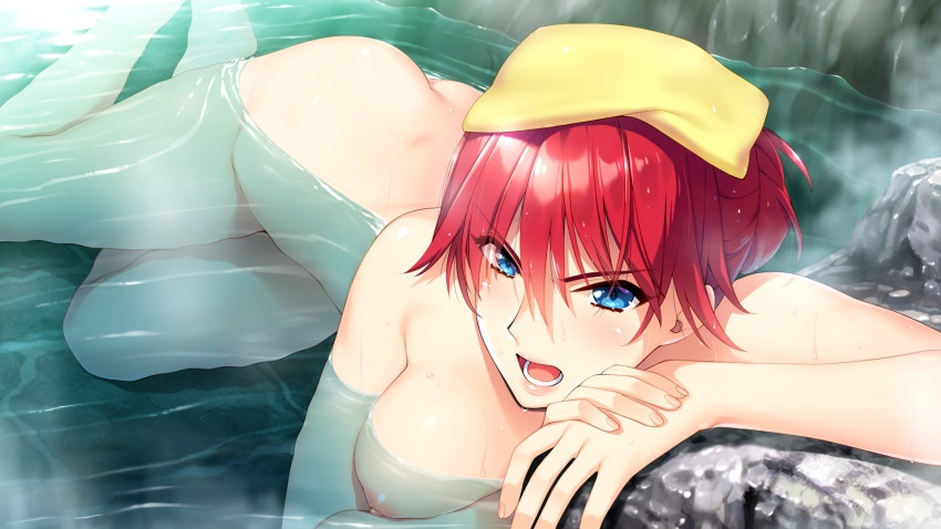 1girl ass blue_eyes breasts completely_nude day doukyuusei_(series) doukyuusei_2 game_cg hair_between_eyes highres large_breasts looking_at_viewer minamikawa_youko nipples nude official_art onsen open_mouth outdoors partially_submerged red_hair short_hair solo sumeragi_kohaku towel towel_on_head twisted_torso v-shaped_eyebrows