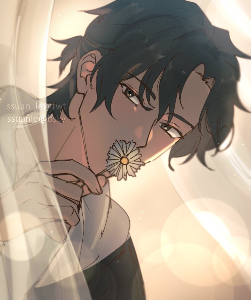 1boy black_hair black_jacket cheng_xiaoshi covered_mouth curtains flower flower_over_mouth highres holding holding_flower hood hood_down hoodie jacket lens_flare long_sleeves looking_at_viewer male_focus official_alternate_costume ponytail shade shiguang_dailiren short_hair short_ponytail solo ssuan_le twitter_username upper_body white_flower white_hoodie