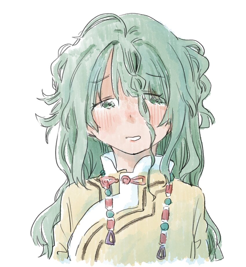 1girl beads braid green_eyes green_hair hair_beads hair_ornament highres looking_at_viewer messy_hair one_eye_covered original python_octopus side_braid solo wavy_hair white_background