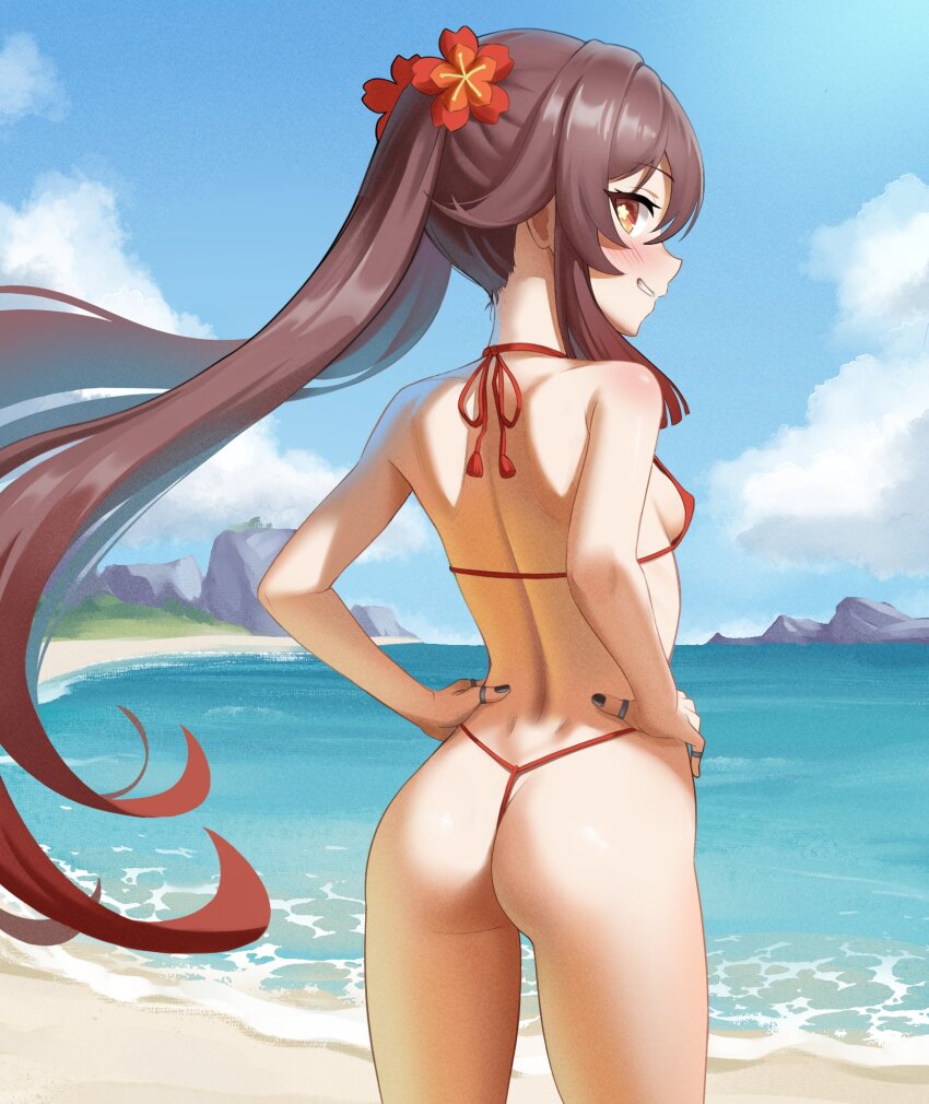 1girl ass back bare_shoulders beach bikini black_nails blue_sky blush breasts brown_hair cloud cowboy_shot day floating_hair flower flower-shaped_pupils from_behind genshin_impact grin hair_flower hair_ornament halterneck hands_on_own_hips highleg highleg_bikini highres hu_tao_(genshin_impact) long_hair looking_at_viewer looking_back micro_bikini nail_polish ocean outdoors petite plum_blossoms red_bikini red_eyes sand sky small_breasts smile solo standing string_bikini swimsuit symbol-shaped_pupils thighs twintails very_long_hair vesuva_(hspk8725) water
