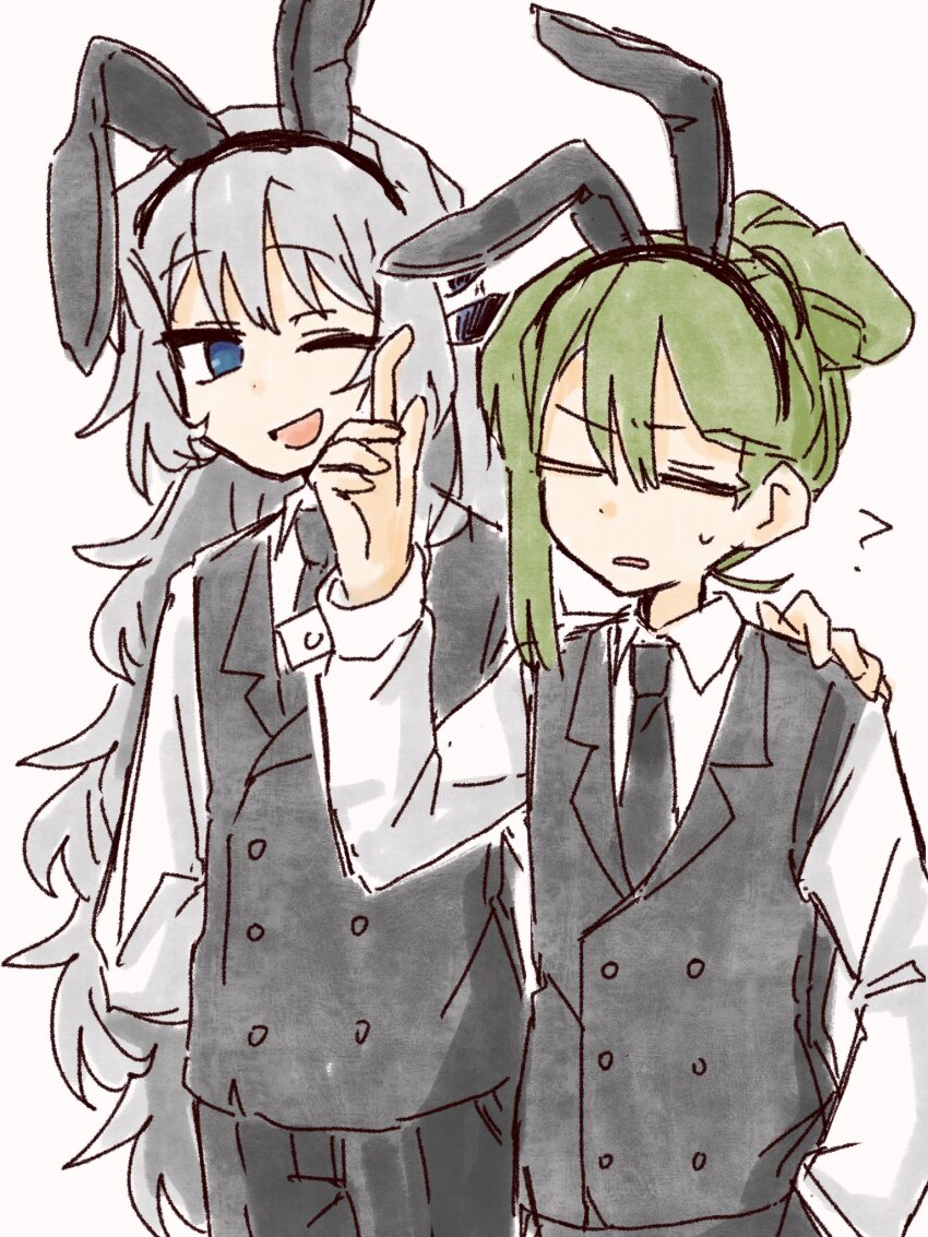 2boys :d ? alternate_costume animal_ears argalia_(project_moon) black_necktie black_vest closed_eyes green_hair grey_hair hand_on_another&#039;s_shoulder highres june_blues lapels leotard library_of_ruina long_hair long_sleeves looking_at_another male_focus multiple_boys necktie netzach_(project_moon) one_eye_closed open_mouth playboy_bunny ponytail project_moon rabbit_ears shirt simple_background smile standing upper_body very_long_hair vest white_background white_shirt