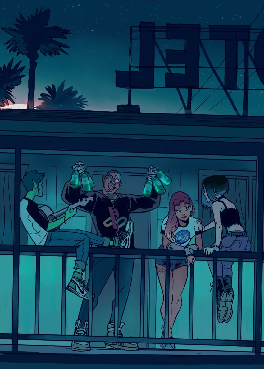 2boys 2girls :d arms_up beast_boy_(dc) boots bottle colored_skin commentary cyborg cyborg_(dc) dark-skinned_male dark_skin dc_comics gabriel_picolo green_skin guitar highres holding holding_bottle holding_guitar holding_instrument instrument leaning_forward logo long_hair midriff multiple_boys multiple_girls nasa_logo on_railing open_mouth outdoors palm_tree playstation_logo railing raven_(dc) shirt shoes short_hair shorts sideburns sitting smile sneakers starfire teen_titans tree wristband
