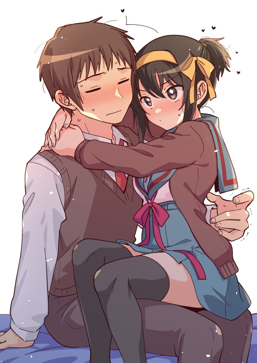 1boy 1girl black_thighhighs blue_sailor_collar blue_skirt blush breasts brown_eyes brown_pants closed_eyes collared_shirt hair_ribbon hairband heart hetero highres hug kita_high_school_uniform kyon long_sleeves medium_hair necktie no_jacket official_alternate_hairstyle pants pleated_skirt ponytail red_necktie red_ribbon ribbon sailor_collar school_uniform serafuku shirt short_hair simple_background sitting sitting_on_lap sitting_on_person skirt suzumiya_haruhi suzumiya_haruhi_no_yuuutsu symbol_ricochet taiki_(6240taiki) thighhighs white_background white_shirt winter_uniform yellow_hairband yellow_ribbon