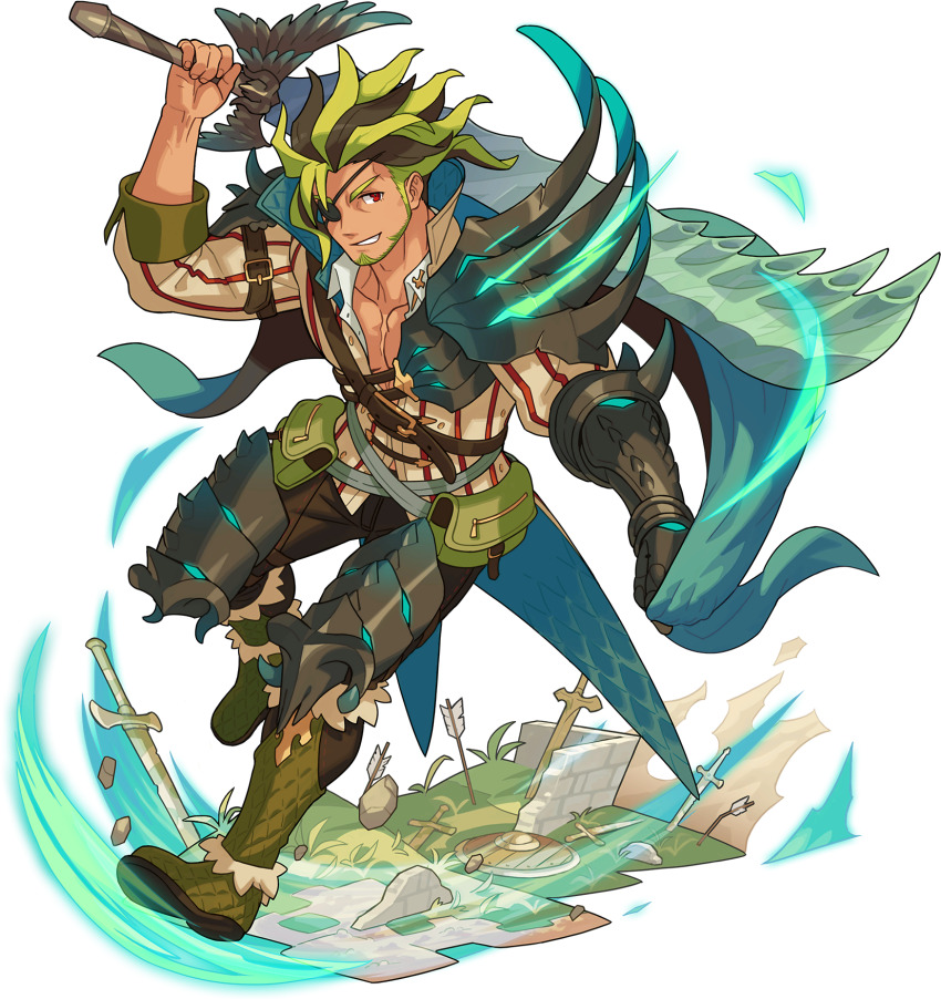 1boy aqua_cape arm_up armor arrow_(projectile) artist_request beard belt bone bone_weapon boots brown_hair cape collarbone collared_shirt day eyepatch facial_hair full_body gauntlets glowing grass greaves green_boots green_facial_hair green_hair grin happy highres holding holding_sword holding_weapon jacket knee_boots leg_up leon_(world_flipper) light_trail looking_at_viewer male_focus medium_hair multicolored_hair muscular muscular_male non-web_source official_art outdoors over_shoulder pectorals pinstripe_pattern planted pouch red_eyes red_jacket shield shirt shoulder_armor sidelocks single_gauntlet smile solo standing standing_on_one_leg striped sword teeth transparent_background two-tone_hair v-shaped_eyebrows weapon weapon_over_shoulder white_shirt world_flipper zipper