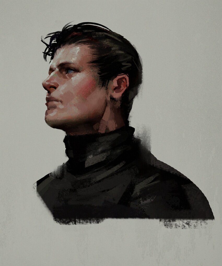 1boy adam&#039;s_apple batman_(series) black_hair black_shirt blue_eyes bruce_wayne closed_mouth commentary_request cropped_torso dc_comics highres korean_commentary looking_up male_focus profile realistic shirt short_hair sideburns solo turtleneck untitle