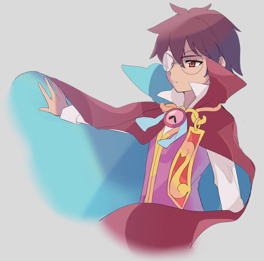 1boy brown_hair cape clock closed_mouth collared_cape collared_shirt grey_background high_collar highres kashima_miyako klug_(puyopuyo) looking_to_the_side male_focus outstretched_arm purple_vest puyopuyo puyopuyo_fever red_cape red_eyes round_eyewear shirt simple_background solo strange_klug vest white_shirt