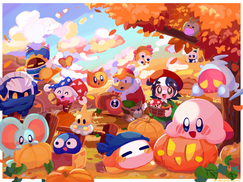 :d :o ^_^ adeleine armor autumn autumn_leaves bandana bandana_waddle_dee basket beret bird black_hair blue_bandana blue_cape blue_eyes blue_headwear blush blush_stickers border bow bowtie broom broom_riding brown_footwear bug butterfly cape cappy_(kirby) claws closed_eyes cloud cloudy_sky commentary_request como_(kirby) elfilin fang fence fur-trimmed_jacket fur_trim gaw_gaw gooey_(kirby) gradient_sky grass green_eyes green_shirt happy hat highres hill holding holding_basket insect jack-o&#039;-lantern jacket jester_cap keke_(kirby) king_dedede kirby kirby_(series) leaf long_sleeves magolor marx_(kirby) mask meta_knight multicolored_headwear nintendo omame_sakana one-eyed open_mouth outdoors outside_border parted_bangs pauldrons phanta_(kirby) pitch_(kirby) pom_pom_(clothes) pumpkin rayman_limbs red_bow red_bowtie red_headwear red_jacket scarfy shirt shoes short_hair shoulder_armor sky smile star_(symbol) star_block sunset tree waddle_doo white_border white_hair wooden_fence yellow_butterfly zoos_(kirby)