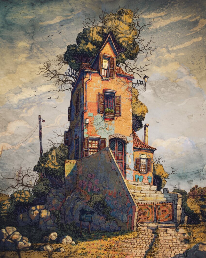 bird building chimney door drainpipe francisco_fonseca gate highres house lantern no_humans open_window_shutter original plant postbox_(outgoing_mail) power_lines rock stairs tree window window_blinds window_shutter