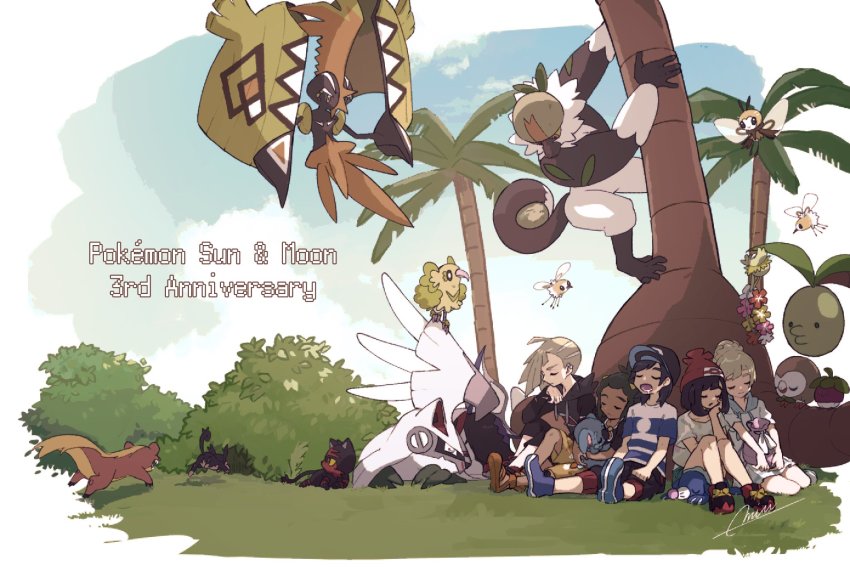 2girls 3boys alolan_exeggutor alolan_form alolan_rattata anniversary baseball_cap beanie black_hair blonde_hair brother_and_sister bush capri_pants closed_eyes closed_mouth comfey copyright_name cutiefly dark-skinned_male dark_skin elio_(pokemon) gen_1_pokemon gen_7_pokemon gladion_(pokemon) green_hair hat hau_(pokemon) highres legendary_pokemon lillie_(pokemon) litten long_hair miu_(miuuu_721) multiple_boys multiple_girls nintendo on_head open_mouth oricorio palm_tree pants passimian pokemon pokemon_(creature) pokemon_on_head pokemon_sm ponytail red_headwear ribombee rowlet selene_(pokemon) shirt short_hair short_sleeves siblings silvally sitting skirt sleeping starter_pokemon_trio striped_clothes striped_shirt tapu_koko tree white_skirt yungoos
