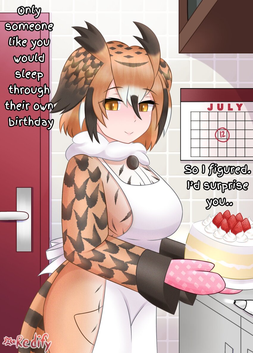 1girl absurdres animal_ears apron bird_tail black_hair blush breasts brown_eyes brown_hair cake calendar_(object) coat commentary english_commentary english_text eurasian_eagle_owl_(kemono_friends) food fur_collar gloves grey_hair hair_between_eyes head_wings highres iredify kemono_friends large_breasts long_sleeves looking_at_viewer multicolored_hair open_mouth oven_mitts owl_ears short_hair smile solo tail white_hair wings