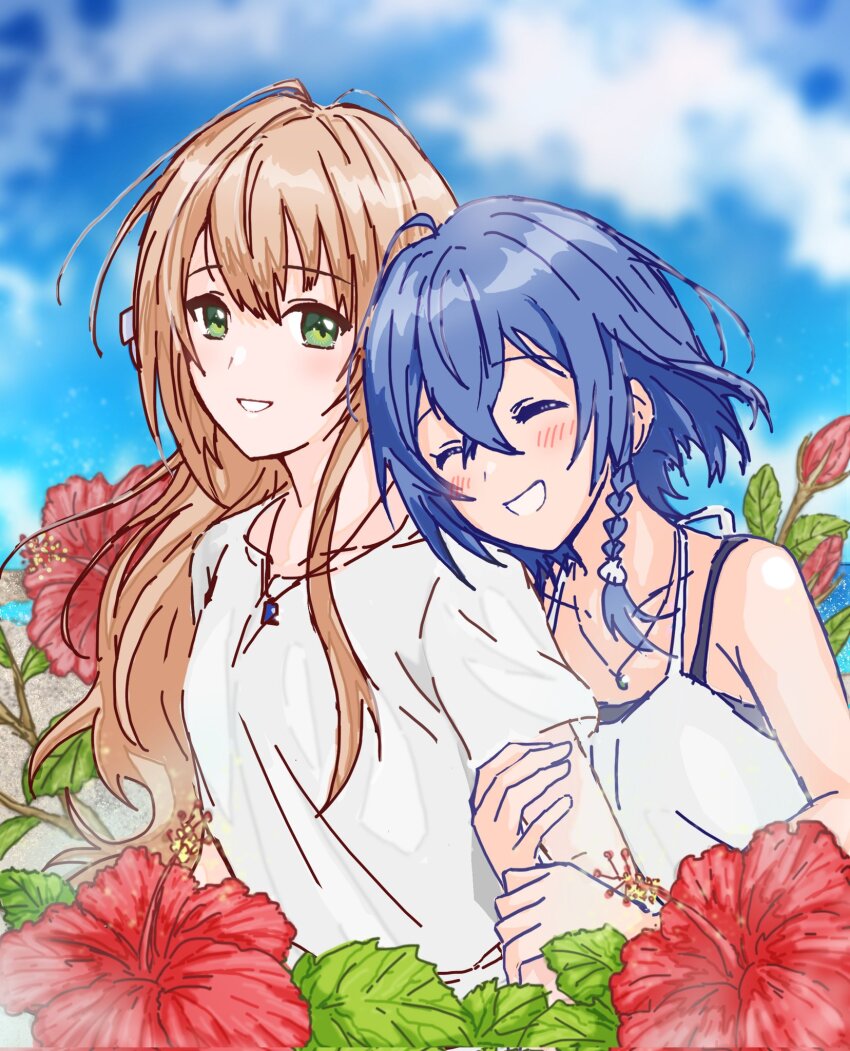 2girls :d arm_hug blue_hair blue_sky blush braid brown_hair bud closed_eyes cloud commentary_request day flower green_eyes grin hibiscus highres jewelry leaf long_hair looking_at_viewer misakino_kukuru miyazawa_fuuka multiple_girls necklace open_mouth outdoors red_flower shiroi_suna_no_aquatope shirt short_sleeves side_braid sky smile upalupatarara white_shirt yuri