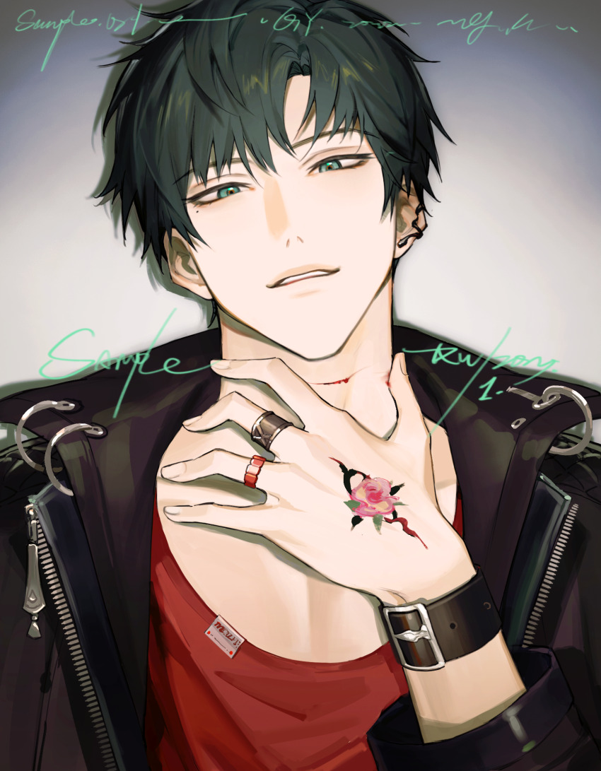 1boy artist_name bishounen black_hair black_jacket blood ear_piercing earrings flower green_eyes hand_tattoo hand_up highres jacket jewelry light_and_night_love looking_at_viewer male_focus multiple_rings open_clothes open_jacket parted_lips piercing pink_flower red_shirt ring ru_(famia) sample_watermark shirt short_hair smile solo tattoo upper_body watermark xiao_yi_(light_and_night_love)