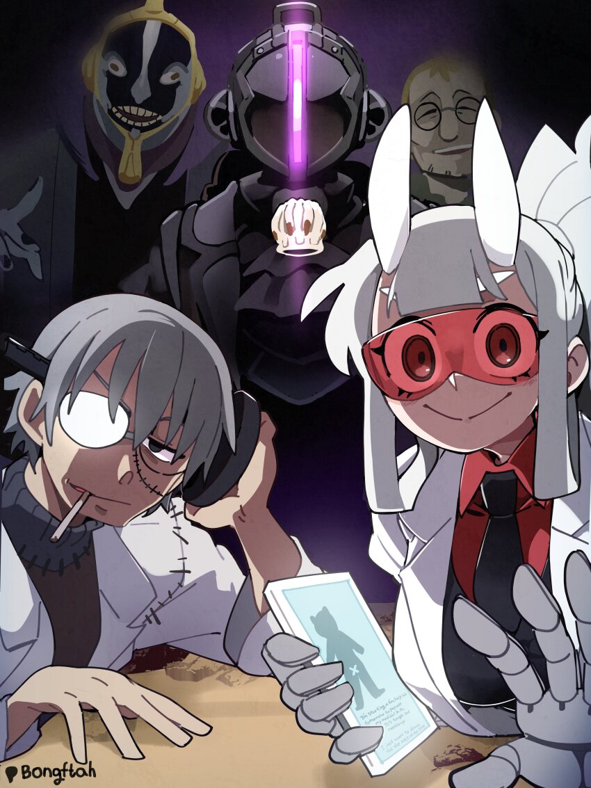 1girl 4boys absurdres black_necktie black_vest bleach bondrewd bongfill breasts cigarette closed_eyes coat collared_shirt commentary crossover demon_girl demon_horns facial_hair franken_stein_(soul_eater) fullmetal_alchemist glasses grey_hair helltaker highres holding horns kurotsuchi_mayuri lab_coat long_hair looking_at_viewer loremaster_(helltaker) made_in_abyss mouth_hold multiple_boys multiple_crossover necktie object_through_head opaque_glasses open_mouth partially_opaque_glasses ponytail red_goggles red_shirt round_eyewear screw_in_head shirt shou_tucker signature smile soul_eater stitched_face stitches symbol-only_commentary teeth vest whistle white_horns