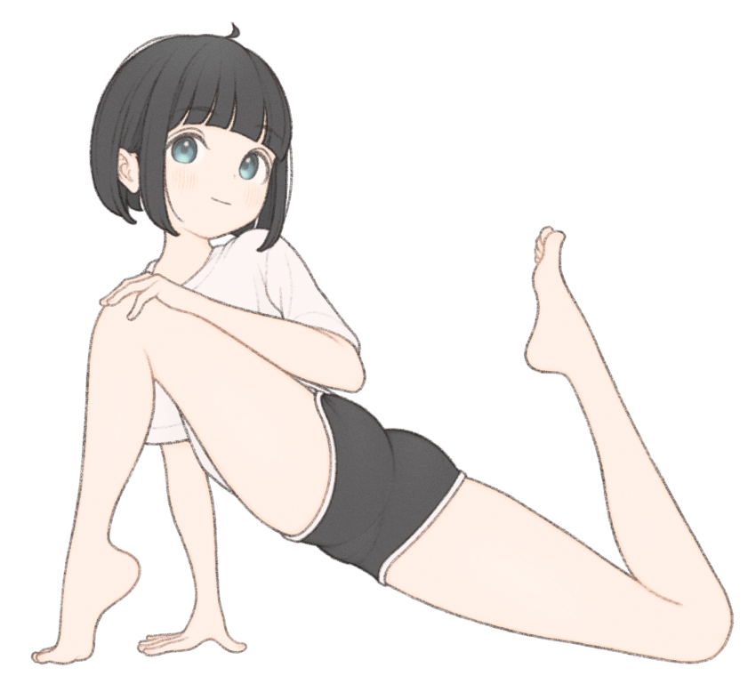 1girl 1ssakawaguchi absurdres ass barefoot bob_cut brown_hair closed_mouth highres ichika_(1ssakawaguchi) looking_at_viewer original shirt short_hair short_shorts short_sleeves shorts simple_background smile solo stretching t-shirt tiptoes white_background white_shirt