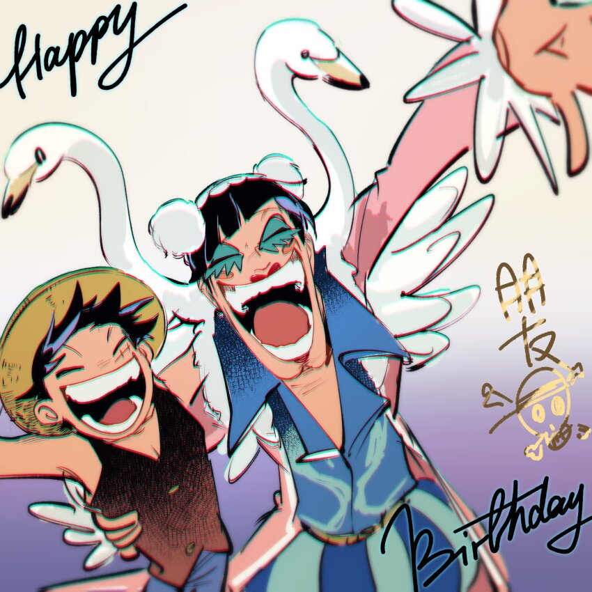 2boys 32soulll arm_up blue_shirt blue_shorts blunt_bangs blush_stickers bon_clay coat commentary english_commentary gradient_background happy_birthday hat highres makeup male_focus monkey_d._luffy multiple_boys one_piece open_mouth pink_coat red_shirt shirt short_hair shorts sleeveless sleeveless_shirt straw_hat