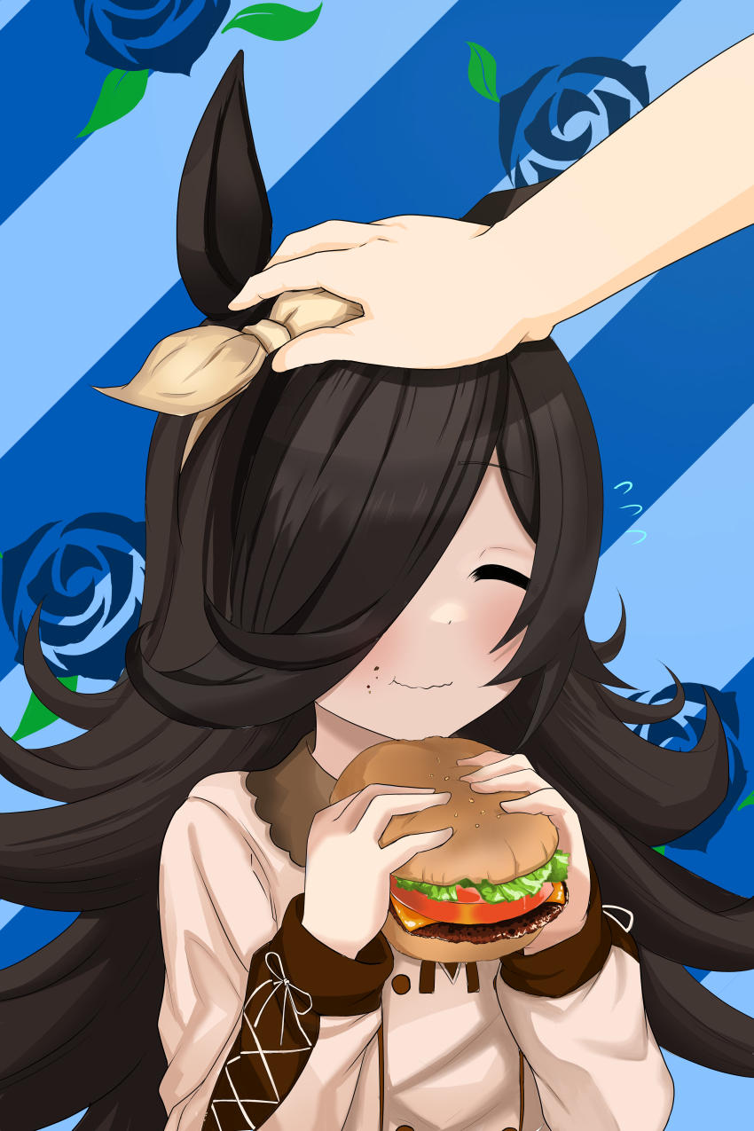 1girl absurdres animal_ears arms_up beige_bow beige_sweater blue_background blue_flower blush bow bow_hairband brown_collar brown_hair burger closed_eyes collar collared_sweater eating flower flower_symbol food food_on_face frilled_collar frills hair_bow hair_over_one_eye hairband hands_up happy headpat highres holding holding_food horse_ears horse_girl lace-trimmed_sleeves lace-trimmed_sweater lace_trim light_smile long_bangs long_hair long_sleeves messy_hair rice_shower_(umamusume) simple_background smile solo striped_background sweater two-tone_background umamusume user_vvee2724 v_arms wavy_mouth