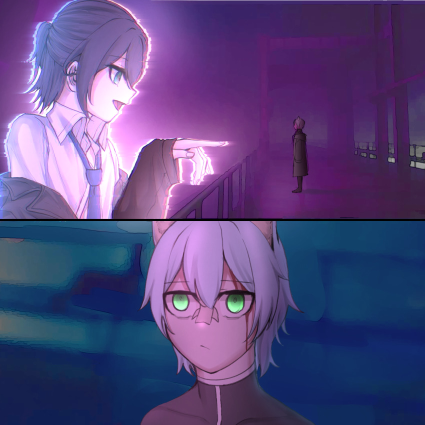 animal_ears bandaid bandaid_on_face bandaid_on_nose blue_hair cat_boy cat_ears grimbell highres indie_virtual_youtuber male_focus meme movie_reference pointing pointing_at_another singleplayerz trap you_look_lonely_(meme)