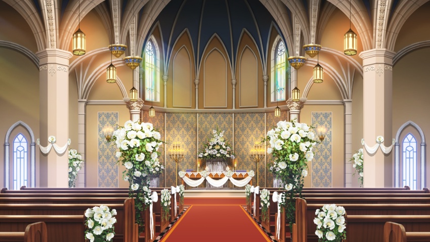 arched_window bouquet candelabra candlestand ceiling_light chandelier checkered_floor church curtains flower glowing highres indoors no_humans non-web_source official_art our_life our_life:_beginnings_and_always pew plant podium poppy_(flower) potted_plant scenery stained_glass table variant_set white_flower window wooden_table
