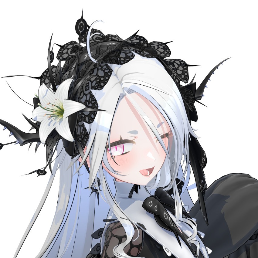 1girl ahoge black_bow black_bowtie black_dress black_hairband blush bow bowtie dress earrings eyes_visible_through_hair fang flower goth_fashion gothic_lolita hair_flower hair_ornament hairband headdress highres jewelry lily_(flower) lolita_fashion lolita_hairband long_hair long_sleeves looking_at_viewer official_art one_eye_closed open_mouth pink_eyes simple_background skin_fang sleeves_past_fingers sleeves_past_wrists slit_pupils smile solo unity_(medium) upper_body vrchat white_background white_eyes white_hair yorshkasencho zome_(vrchat)