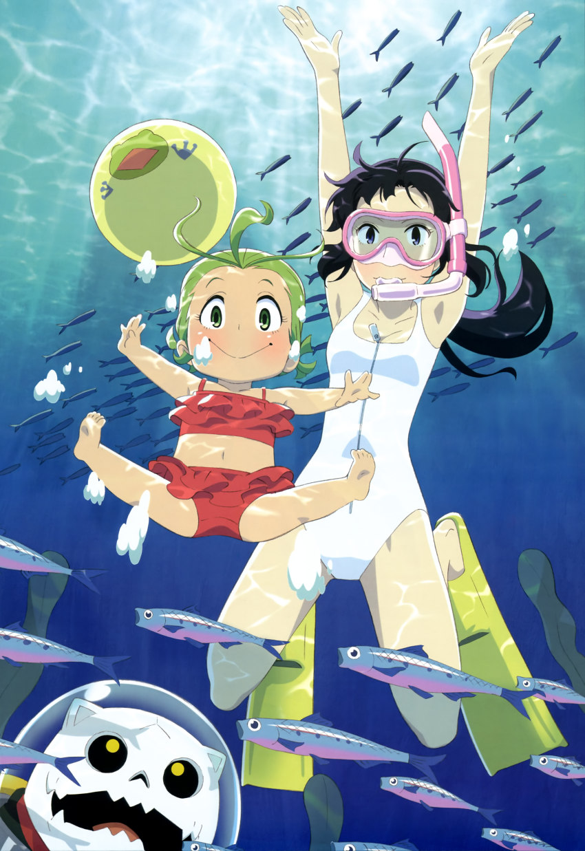 2girls absurdres armpits arms_up bikini black_hair caustics character_request diving_mask fish flippers freediving frilled_bikini frills goggles green_eyes green_hair highres legs long_hair majocco_shimai_no_yoyo_to_nene multiple_girls non-web_source nyantype official_art one-piece_swimsuit red_bikini scan shibata_yuka smile snorkel spread_legs swimsuit underwater white_one-piece_swimsuit yoyo_(majocco_shimai_no_yoyo_to_nene)
