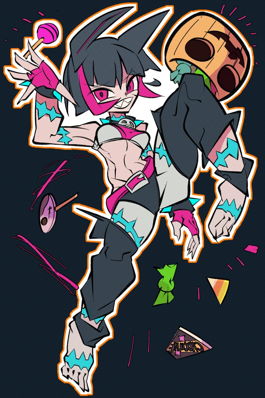 1girl absurdres animal_ears armpits black_hair breasts candy cat_girl cat_tail cxdotchison detached_leggings food halloween highres jack-o&#039;-lantern lollipop looking_at_viewer ms._fortune_(skullgirls) multicolored_hair pumpkin scar sharp_toenails skullgirls street_fighter swirl_lollipop tail toenails two-tone_hair
