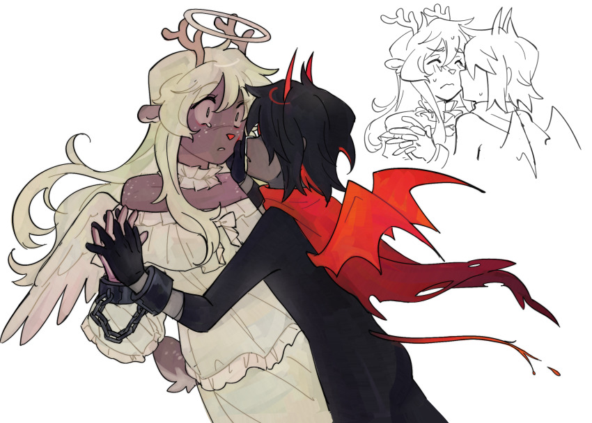 1girl 1other alternate_costume alternate_universe angel_and_devil antlers black_hair black_unitard blonde_hair choker commentary deer_antlers deer_girl deer_tail deltarune demon_horns demon_wings dress english_commentary frilled_choker frilled_dress frills furry furry_female goomyloid halo hand_on_another&#039;s_face highres horns kiss kissing_cheek kris_(deltarune) long_hair multicolored_hair noelle_holiday off-shoulder_dress off_shoulder other_with_female red_hair red_horns red_scarf red_tail scarf shared_handcuffs streaked_hair tail two-tone_hair very_long_hair white_choker white_dress wide-eyed wings