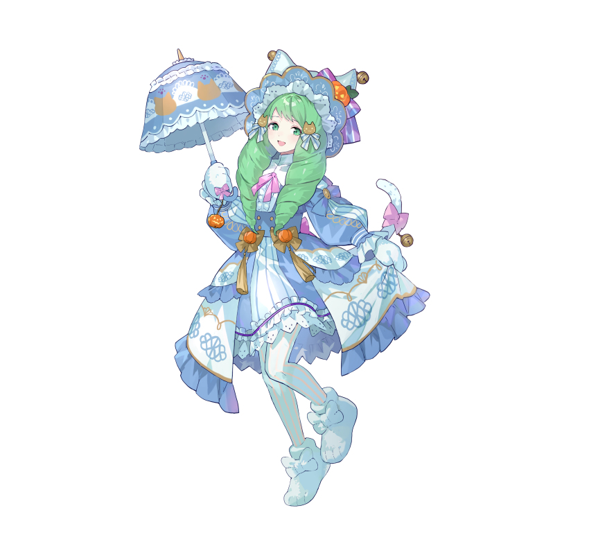 1girl absurdres alternate_costume animal_hands bell blush candy cat_paws cat_tail detached_sleeves dress drill_hair fake_tail fire_emblem fire_emblem_heroes flayn_(fire_emblem) flayn_(halloween)_(fire_emblem) food frills full_body gloves green_eyes green_hair hair_ornament halloween halloween_costume hat highres holding holding_umbrella jack-o&#039;-lantern jingle_bell long_hair long_sleeves nintendo official_alternate_costume official_art open_mouth pantyhose paw_gloves paw_print paw_shoes pumpkin ribbon short_dress skirt solo striped sweat sweatdrop tail tobi_(kotetsu) torn_clothes torn_pantyhose torn_skirt transparent_background umbrella vertical_stripes