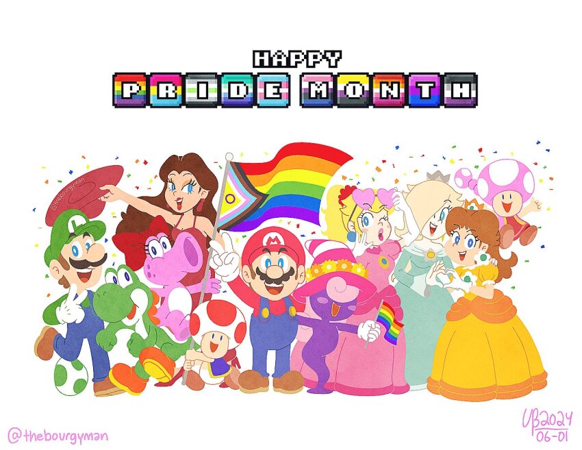 4boys 6+girls asexual_flag birdo bisexual_flag blonde_hair blue_eyes brown_hair commentary crown demisexual_flag dress earrings english_commentary eyewear_on_head facial_hair flipped_hair flower_earrings gay_male_pride_flag gloves hat holding holding_unworn_clothes holding_unworn_hat jewelry lesbian_flag lgbt_pride long_hair looking_at_viewer luigi mario mario_(series) multiple_boys multiple_girls mustache nintendo non-binary_flag open_mouth pansexual_flag pauline_(mario) ponytail pride_month princess_daisy princess_peach progress_pride_flag puffy_sleeves rainbow_flag rainbow_flag_tattoo rosalina short_sleeves simple_background smile thebourgyman toad_(mario) toadette transgender_flag unworn_hat unworn_headwear vivian_(paper_mario) white_gloves yoshi