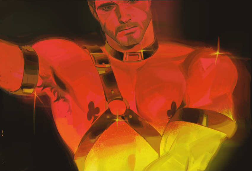 1boy arm_up armpit_hair armpits bare_shoulders black_background club_(shape) colored_skin covered_erect_nipples facial_hair gradient_skin highres leather_choker leather_strap looking_at_viewer male_focus mr_kasuy multicolored_skin muscular muscular_male original pasties solo sparkle