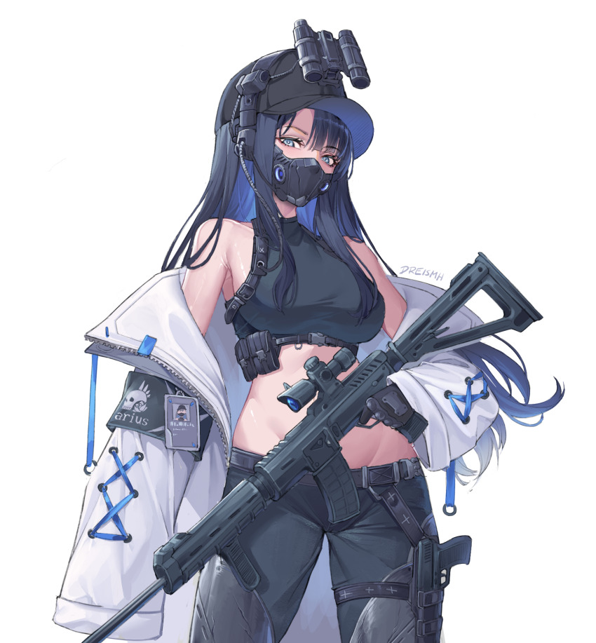 1girl armband assault_rifle bare_shoulders baseball_cap belt belt_pouch black_armband black_belt black_gloves black_hair black_mask black_pants black_shirt blue_archive blue_eyes blue_hair breasts buckle chest_harness coat colored_inner_hair commentary cowboy_shot dreiworks finger_on_trigger gloves groin gun hair_between_eyes handgun harness hat headphones highres holding holding_gun holding_weapon holster holstered id_card large_breasts long_hair long_sleeves looking_at_viewer mask midriff mouth_mask multicolored_hair navel night_vision_device no_halo off_shoulder open_clothes open_coat pants pouch rifle saori_(blue_archive) shirt sig_516 sig_sauer signature simple_background sleeveless sleeveless_shirt snap-fit_buckle solo standing thigh_holster thigh_sheath weapon white_background white_coat