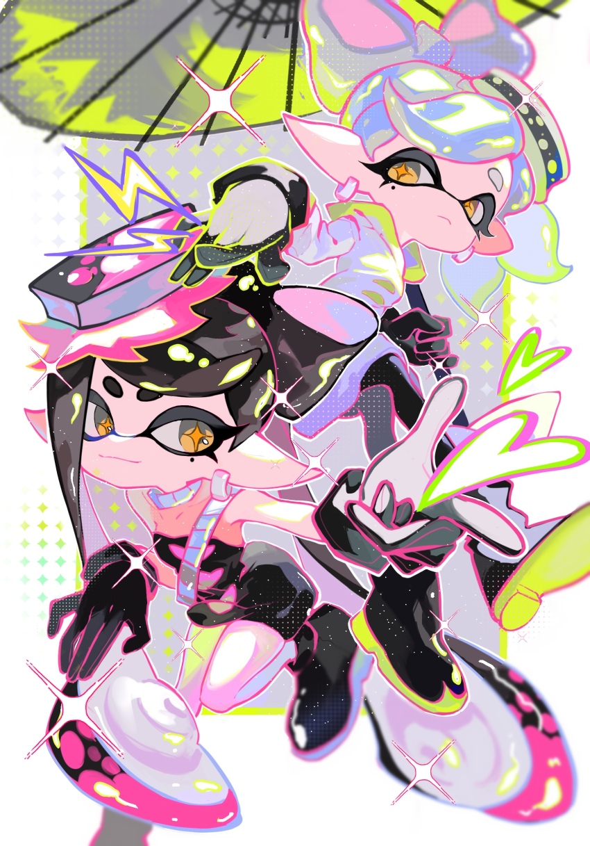 2girls black_footwear black_gloves black_hair black_leotard bow-shaped_hair breasts callie_(alterna)_(splatoon) callie_(splatoon) closed_mouth colored_lineart cousins deformed gloves grey_background heart highres holding holding_umbrella inkling knee_up l_hand leotard long_sleeves looking_to_the_side marie_(alterna)_(splatoon) marie_(splatoon) mole mole_under_eye multiple_girls nintendo no_nose orange_eyes shirt short_eyebrows sideways_glance small_breasts splatoon_(series) splatoon_3 star-shaped_pupils star_(symbol) strapless strapless_leotard swept_bangs symbol-shaped_pupils umbrella white_background white_hair white_shirt xiaoyunatie