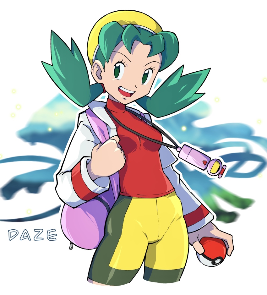 1girl absurdres aqua_eyes aqua_hair bike_shorts breasts gen_2_pokemon happy highres holding holding_poke_ball jacket kris_(pokemon) legendary_pokemon looking_at_viewer nintendo pink_bag poke_ball pokegear pokemon pokemon_gsc red_shirt shirt short_twintails signature small_breasts standing suicune teeth tight_clothes twintails white_background white_jacket xdaze yellow_headwear yellow_legwear