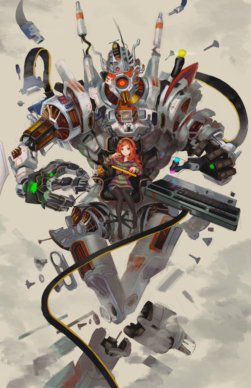 1girl 4chan absurdres black_thighhighs chair clover clover_hair_ornament computer_keyboard computer_mouse controller female_focus four-leaf_clover freckles game_console game_controller gamecube green_eyes hair_ornament hairband highres hood hoodie long_hair looking_at_viewer mecha orange_hair playstation_move power_glove robot shorts softmode solo striped_clothes striped_hoodie thighhighs vivian_james wii_remote xbox_(original)