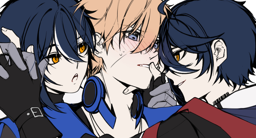 absurdres blush commandant_(pgr) dochikun fingers_on_another&#039;s_face group_sex highres image_sample lee:_entropy_(pgr) lee_(pgr) pixiv_sample punishing:_gray_raven threesome white_background yaoi