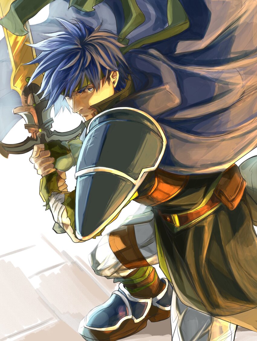 1boy armor blue_cape blue_eyes blue_hair cape fire_emblem fire_emblem:_path_of_radiance green_headband headband highres holding holding_sword holding_weapon ike_(fire_emblem) male_focus nintendo pants pauldrons ragnell short_hair shoulder_armor single_pauldron sutekina_yari sword weapon white_pants